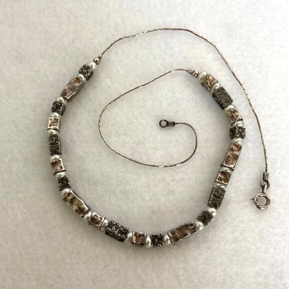 Oxidized Sterling Silver 925 Floral Stamped Rectangular Beaded Pearl Necklace - Picture 8 of 16